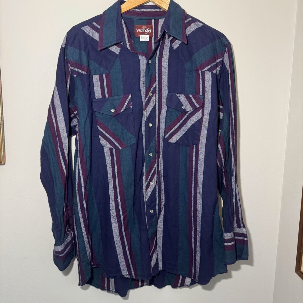 Vintage 90s Wrangler Striped Western Pearl Snap Shirt XL Cotton